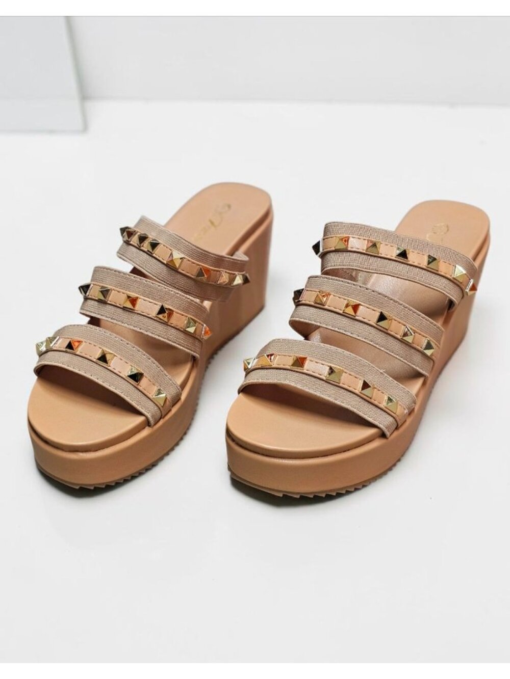 Studded Strap Nude Wedge Sandals For Women - Stylish Slip-On Platform Design Wit - Picture 10 of 12